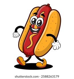 Vector illustration of a funny cartoon hot dog mascot in a retro rubber hose style. Cheerful fast food character with mustard and lettuce, walking confidently.