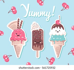 Vector illustration of funny cartoon Ice cream with text and cherry background
