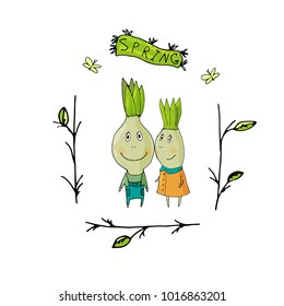Vector illustration of funny cartoon images of bulbs in clothes, with arms and legs, with emotions on a white background. Love, spring, positive. Creation. For backgrounds, cards, invitations