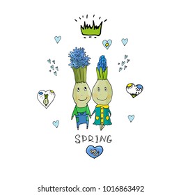 Vector illustration of funny cartoon images of bulbs in clothes, with arms and legs, with emotions on a white background. Love, spring, positive. Creation.For cards, notes, stickers, labels, tags 