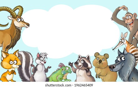 Vector illustration of funny cartoon isolated animals with speech bubble on blue background. Colorful goat, fox, skunk, iguana, raccoon, quokka, wolf, numbat, monkey