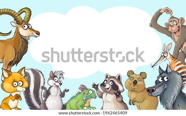 青の背景にスピーチバブルを持つ おかしな漫画の動物のベクターイラスト カラフルな山羊 キツネ スカンク イグアナ アライグマ クッカ オオカミ ナンバート 猿 のベクター画像素材 ロイヤリティフリー