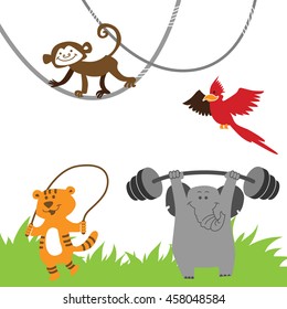 Vector illustration of funny cartoon jungle animals. Crazy monkey hanging upside down on liana