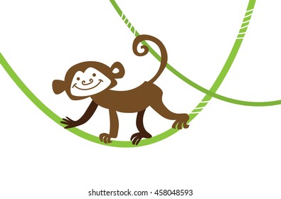 Vector illustration of funny cartoon jungle animals. Crazy monkey hanging upside down on liana