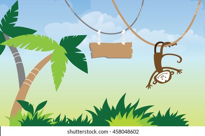 Vector illustration of funny cartoon jungle animals. Crazy monkey hanging upside down on liana