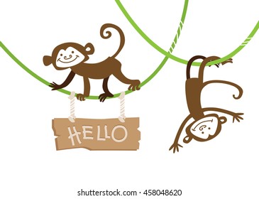 Vector illustration of funny cartoon jungle animals. Crazy monkey hanging upside down on liana
