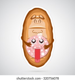 Vector illustration. Funny cartoon loaf and sweet sausages. Colorful, creative and modern character for advertising, poster, banner, web and flyer.