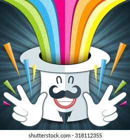 Vector illustration. Funny cartoon magic hat and colorful bright line with rays background. Colorful, creative and modern illustration for advertising, poster, banner, web and flyer.