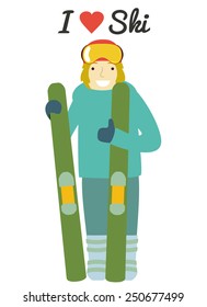 Vector illustration. Funny cartoon man standing with ski