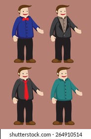 Vector illustration of funny cartoon man character in fashionable tops and shirts isolated on plain brown background