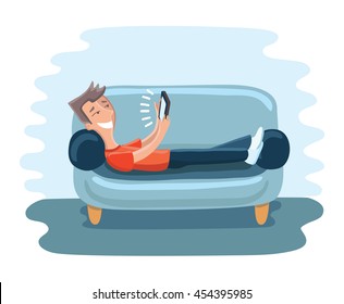 Vector illustration of funny cartoon man on sofa with tablet in his hands. Character in red t-shirt lying realaxing and watch movie