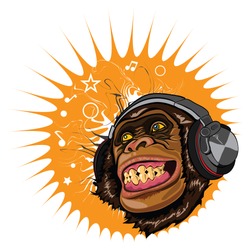 Vector Illustration. Funny Cartoon Monkey Listens To Music In Headphones.
