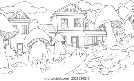 Vector illustration, funny cartoon mushroom city, book coloring