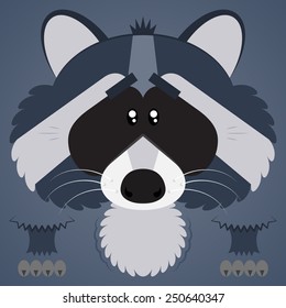 Vector illustration. Funny cartoon navy blue raccoon. Closeup animal in square flat style.