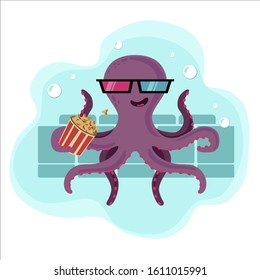 Vector illustration. Funny cartoon octopus sitting in the cinema and eating popcorn in 3D glasses