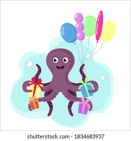 Vector illustration. Funny cartoon octopus holds gifts and balloons. Funny character for Birthday card for children