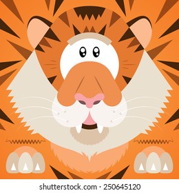 Vector illustration. Funny cartoon orange tiger. Closeup animal in square flat style.