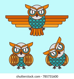 Vector illustration of funny cartoon owls - banner in flat outline style