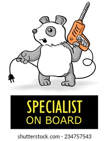Vector illustration: Funny cartoon Panda worker isolated. Sticker "Specialist on board"