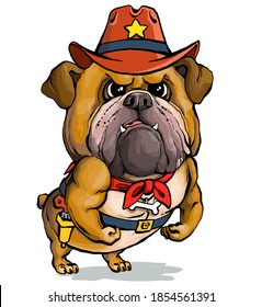 Vector illustration. Funny cartoon. A parody portrait of a stern English sheriff bulldog showing off his muscles.