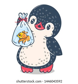 Vector illustration.  Funny cartoon penguin with goldfish in a package, isolated on white background. 