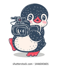 Vector illustration. Funny cartoon penguin with a movie camera, isolated on white background. 