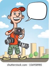 Vector illustration of Funny cartoon photographer. Easy-edit layered vector EPS10 file scalable to any size without quality loss. High resolution raster JPG file is included.