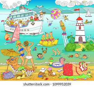 Vector. Illustration. Funny cartoon. The plot of vacationers are people on the sea beach. Fun on the water.