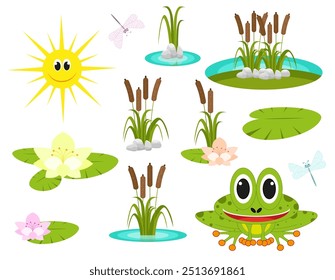 Vector illustration. Funny cartoon pond set collection. Smiling frog, reed, sun, acquatic plants, blooming lotus flower, dragonfly isolated icon on white background.