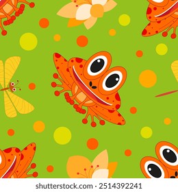 Vector illustration. Funny cartoon pond seamless pattern. Smiling frog, reed, acquatic plants, blooming lotus flower, dragonfly on bright background.