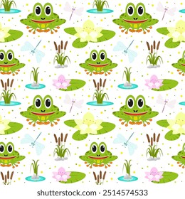 Vector illustration. Funny cartoon pond seamless pattern. Smiling frog, reed, acquatic plants, blooming lotus flower, dragonfly on white background.