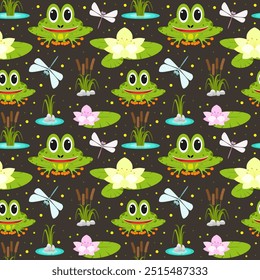 Vector illustration. Funny cartoon pond seamless pattern. Smiling frog, reed, acquatic plants, blooming lotus flower, dragonfly on bright background.