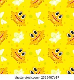 Vector illustration. Funny cartoon pond seamless pattern. Smiling frog, reed, acquatic plants, blooming lotus flower, dragonfly on bright background.