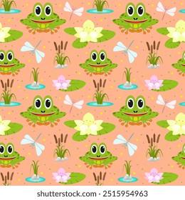 Vector illustration. Funny cartoon pond seamless pattern. Smiling frog, reed, acquatic plants, blooming lotus flower, dragonfly on bright background.