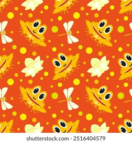 Vector illustration. Funny cartoon pond seamless pattern. Smiling frog, reed, acquatic plants, blooming lotus flower, dragonfly on bright background.