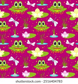 Vector illustration. Funny cartoon pond seamless pattern. Smiling frog, reed, acquatic plants, blooming lotus flower, dragonfly on bright background.