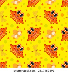 Vector illustration. Funny cartoon pond seamless pattern. Smiling frog, reed, acquatic plants, blooming lotus flower, dragonfly on bright background.