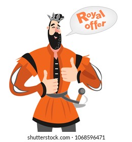 Vector illustration of funny cartoon prince with a speech bubble. Royal offer icon. Isolated fairy tale character on a white background