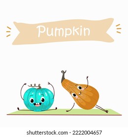 Vector illustration of funny cartoon pumpkins doing exercise, stretching, healthy food, kitchen, ingredients, kids t-shirt design, halloween card.