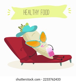 Vector illustration of funny cartoon radish character sunbathing on sunbed, healthy food, kitchen, ingredients, kids t-shirt design.
