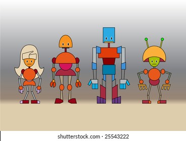 Vector illustration of funny cartoon robots family.