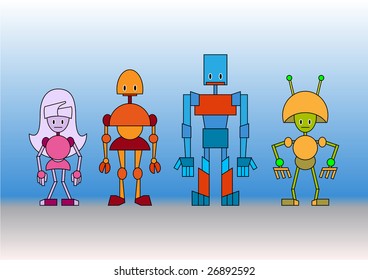 Vector illustration of funny cartoon robots family