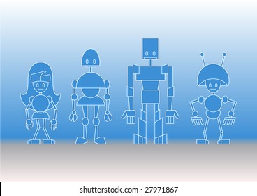 Vector illustration of funny cartoon robots family.