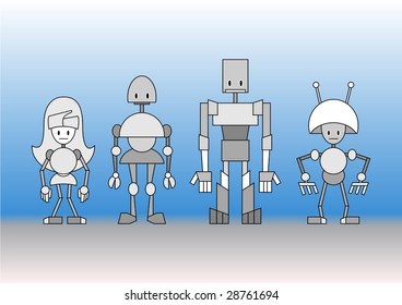 Vector illustration of funny cartoon robots family.