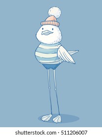 Vector illustration with funny cartoon sailor seagull in cute hat, t-shirt and shorts