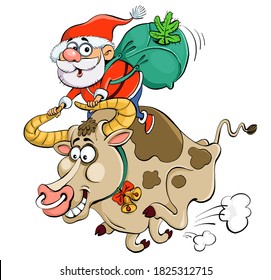 Vector illustration. Funny cartoon. Santa Claus is riding a bull holding on to the horns. Symbol of the year. Eastern horoscope.