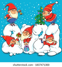 Vector illustration. Funny cartoon. Funny Santa Clauses Have Fun on Snow Numbers 2021