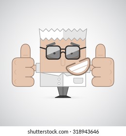 Vector illustration. Funny cartoon scientist in a white lab coat showing thumbs up. Business man in a stylish suit. Creative and modern character for advertising, poster, banner, web and flyer.
