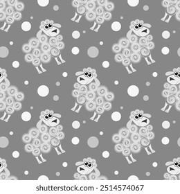 Vector illustration. Funny cartoon sheep seamless pattern on grey background.