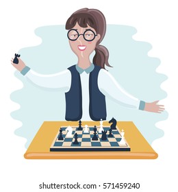 Vector illustration of funny cartoon smiling young clever woman with glasses playing chess